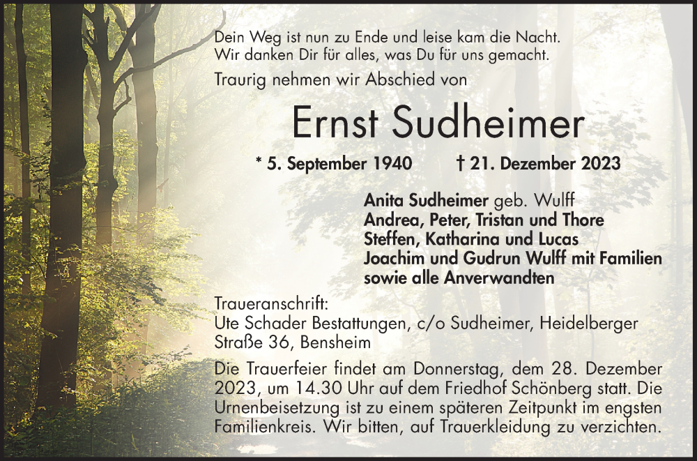  Traueranzeige für Ernst Sudheimer vom 23.12.2023 aus Bergsträßer Anzeiger