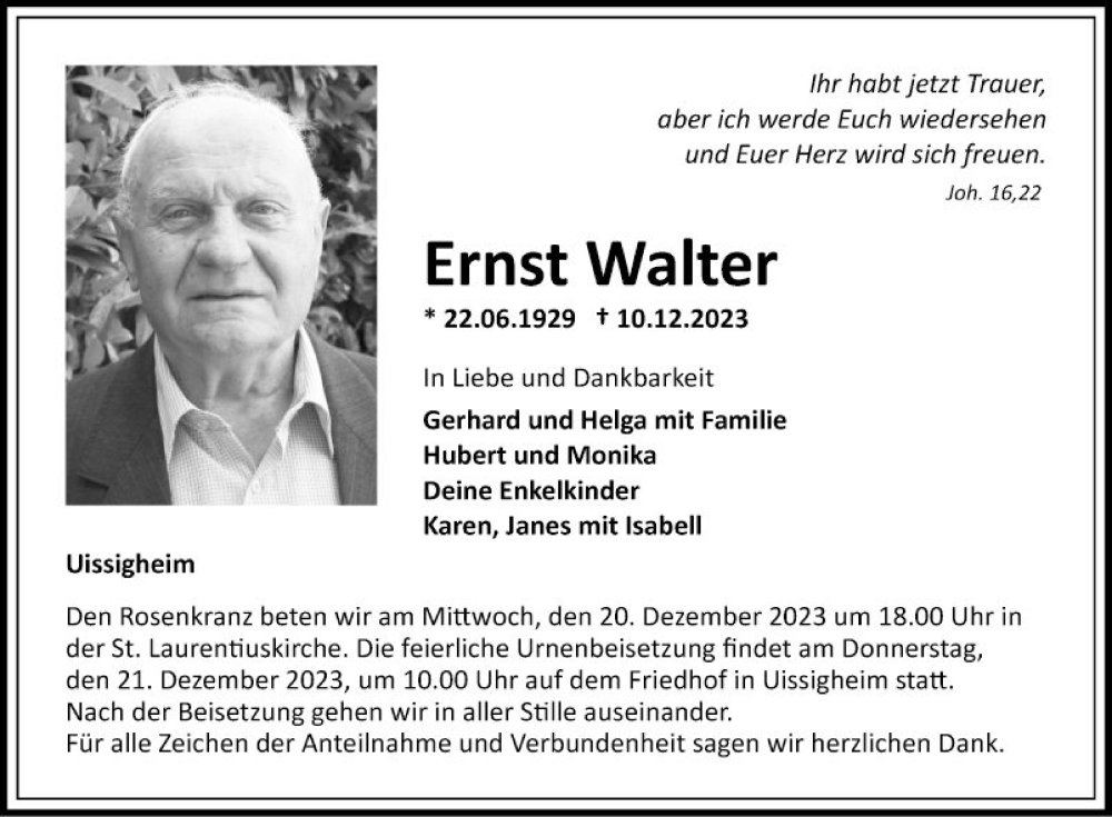  Traueranzeige für Ernst Walter vom 16.12.2023 aus Fränkische Nachrichten