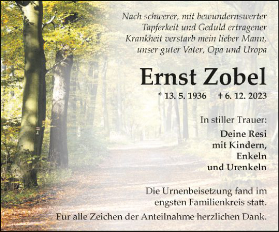 Traueranzeige von Ernst Zobel von Fränkische Nachrichten