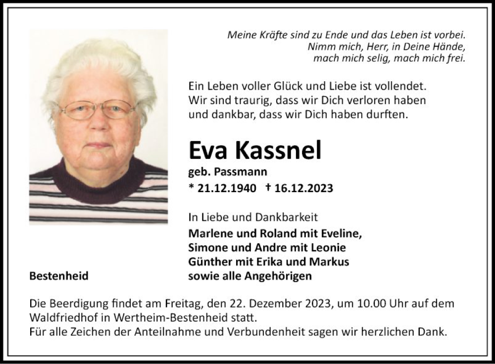  Traueranzeige für Eva Kassnel vom 20.12.2023 aus Fränkische Nachrichten