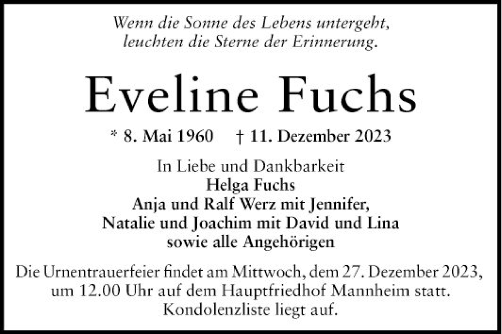  Traueranzeige für Eveline Fuchs vom 16.12.2023 aus Mannheimer Morgen