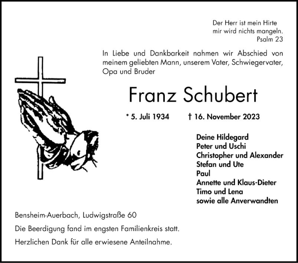  Traueranzeige für Franz Schubert vom 02.12.2023 aus Bergsträßer Anzeiger