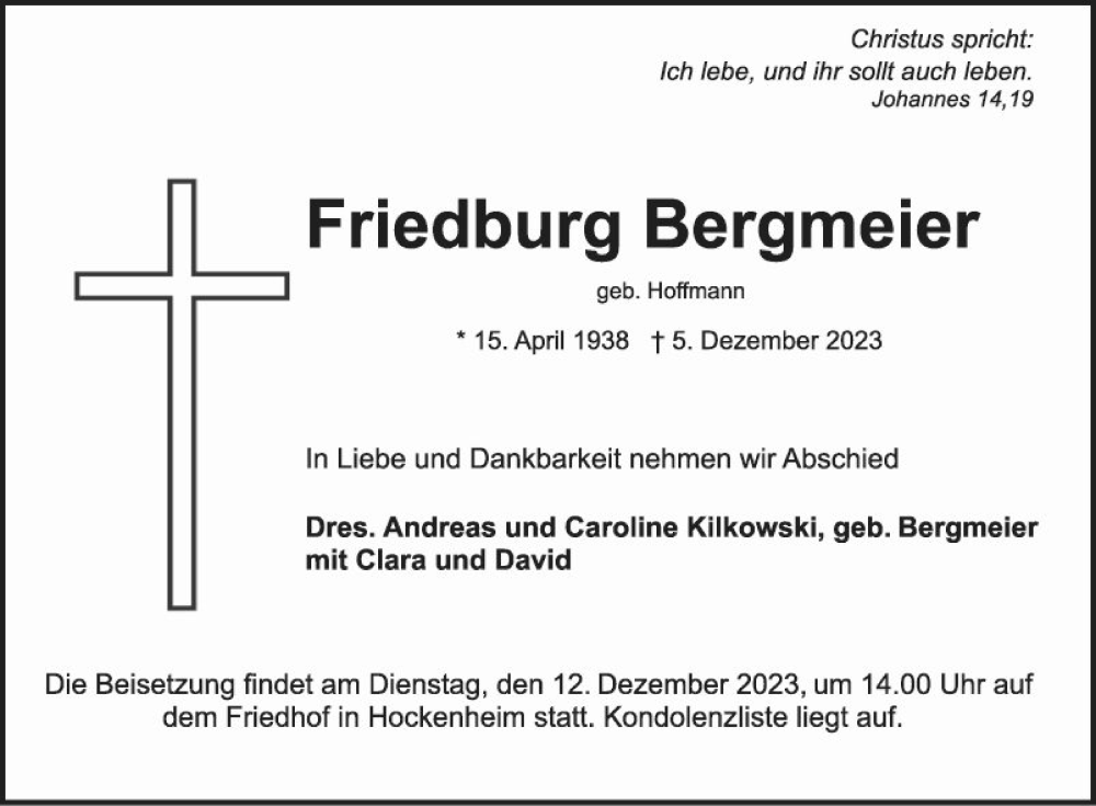  Traueranzeige für Friedburg Bergmeier vom 09.12.2023 aus Schwetzinger Zeitung