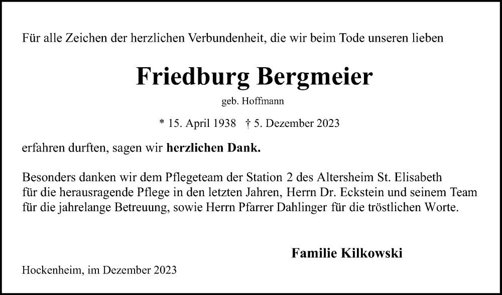  Traueranzeige für Friedburg Bergmeier vom 23.12.2023 aus Schwetzinger Zeitung