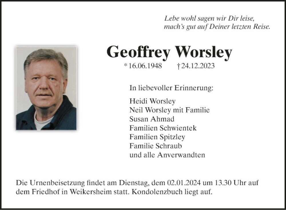  Traueranzeige für Geoffrey Worsley vom 30.12.2023 aus Fränkische Nachrichten