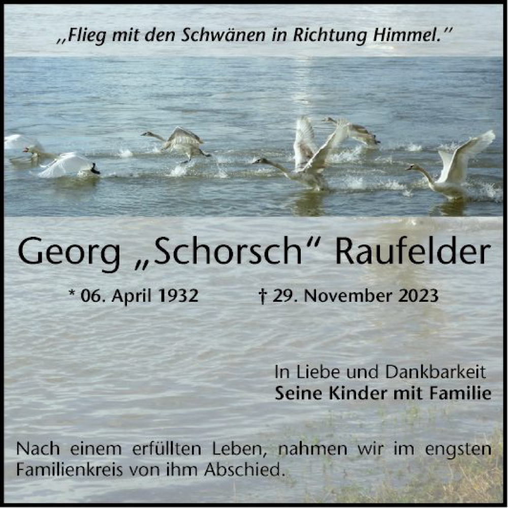  Traueranzeige für Georg  Raufelder vom 16.12.2023 aus Mannheimer Morgen