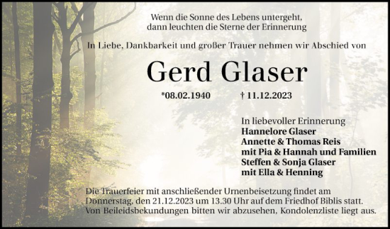 Traueranzeige von Gerd Glaser von Mannheimer Morgen