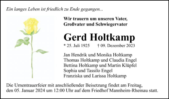 Traueranzeige von Gerd Holtkamp von Mannheimer Morgen