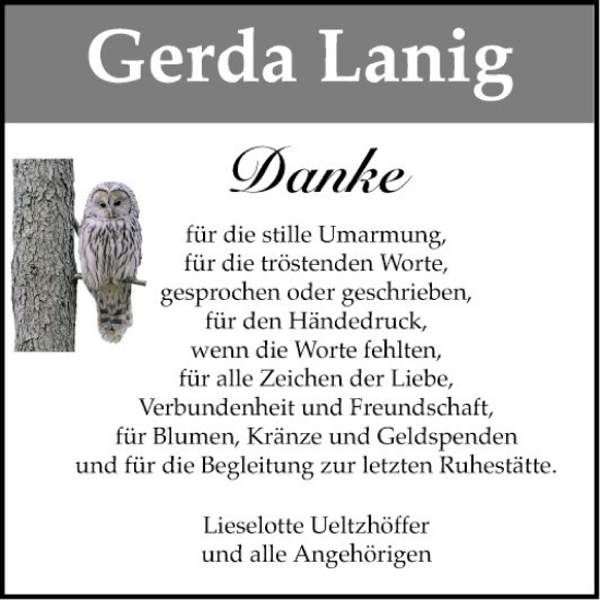Traueranzeige von Gerda Lanig von Schwetzinger Zeitung