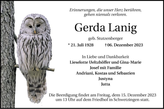 Traueranzeige von Gerda Lanig von Schwetzinger Zeitung