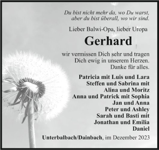 Traueranzeige von Gerhard  von Fränkische Nachrichten