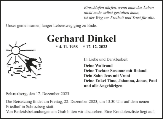 Traueranzeige von Gerhard Dinkel von Fränkische Nachrichten