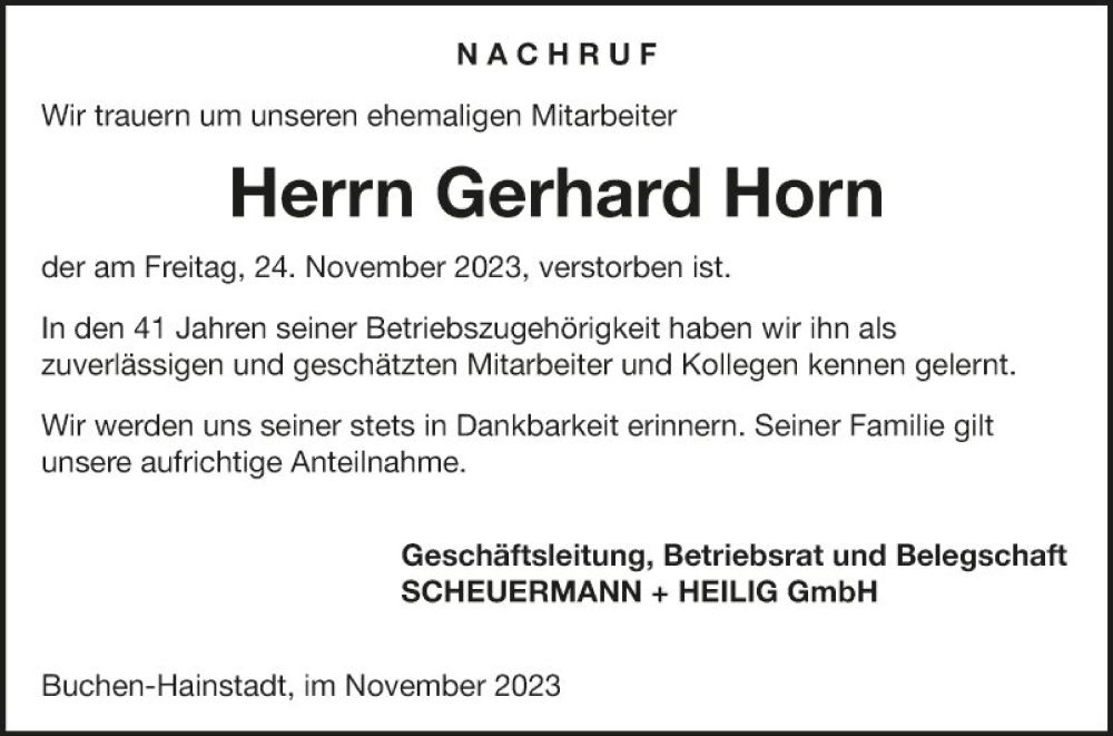  Traueranzeige für Gerhard Horn vom 05.12.2023 aus Fränkische Nachrichten