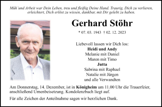 Traueranzeige von Gerhard Stöhr von Fränkische Nachrichten