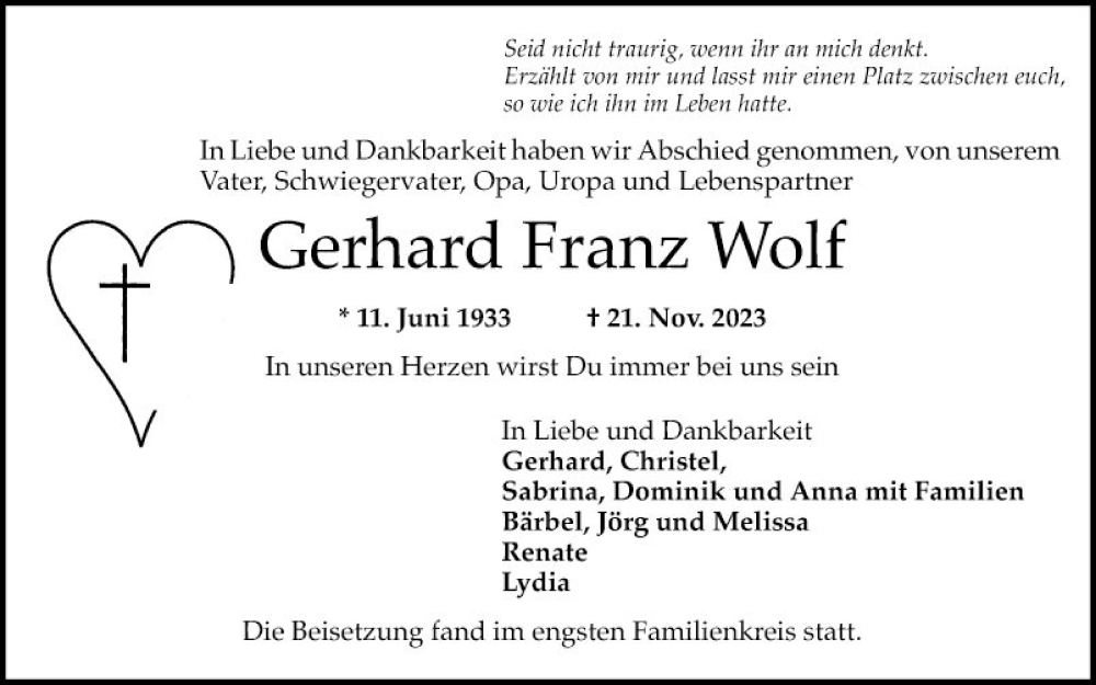  Traueranzeige für Gerhard Franz Wolf vom 02.12.2023 aus Mannheimer Morgen