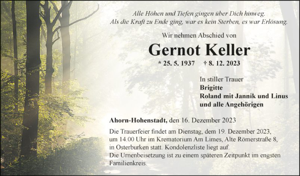 Traueranzeige für Gernot Keller vom 16.12.2023 aus Fränkische Nachrichten