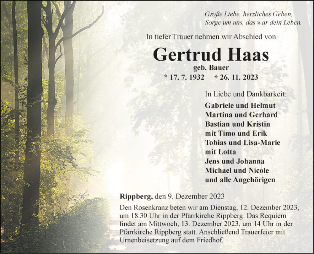  Traueranzeige für Gertrud Haas vom 09.12.2023 aus Fränkische Nachrichten