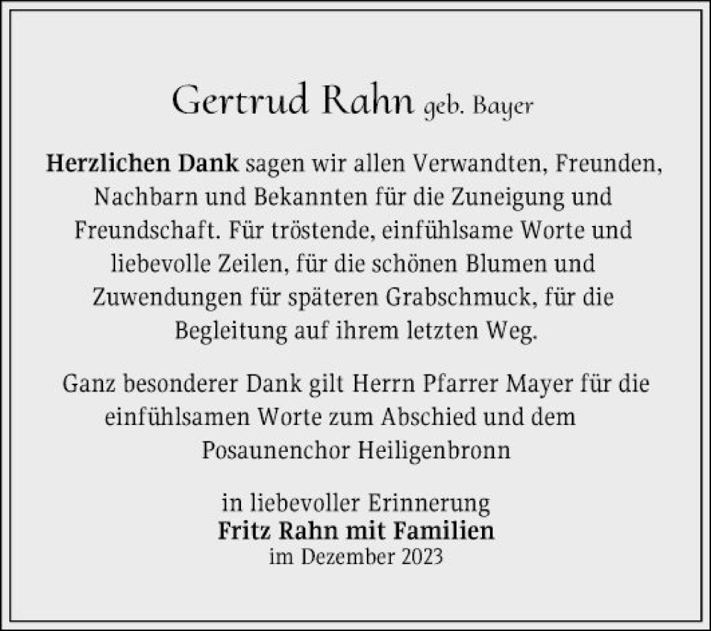  Traueranzeige für Gertrud Rahn vom 30.12.2023 aus Fränkische Nachrichten