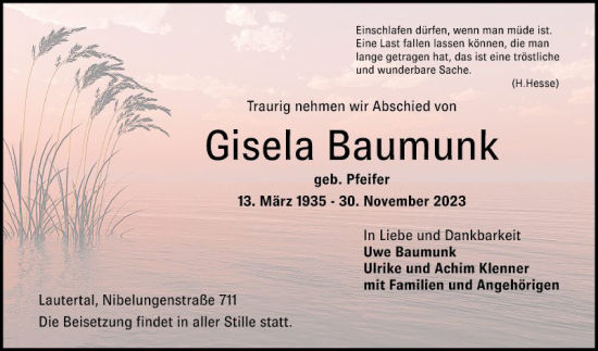 Traueranzeige von Gisela Baumunk von Bergsträßer Anzeiger