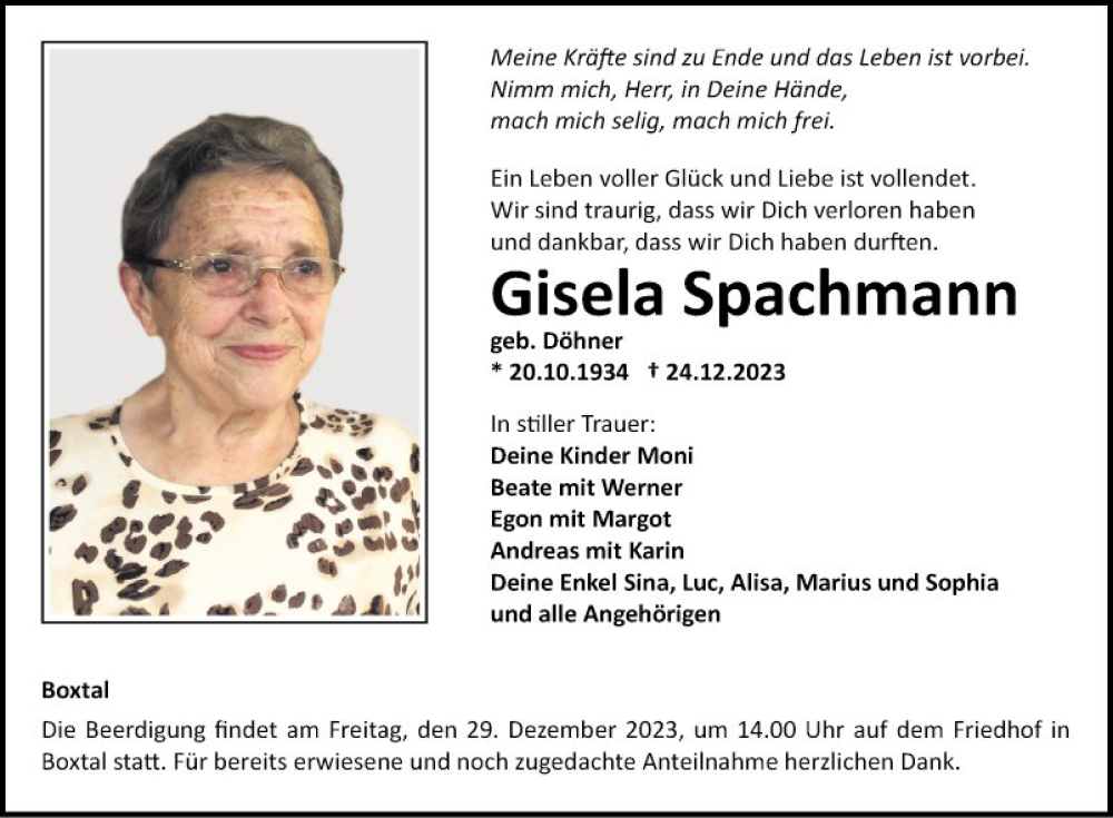 Traueranzeige für Gisela Spachmann vom 28.12.2023 aus Fränkische Nachrichten