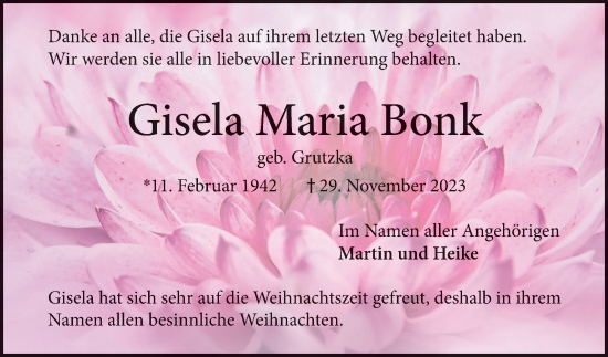 Traueranzeige von Gisela Maria Bonk von Bergsträßer Anzeiger