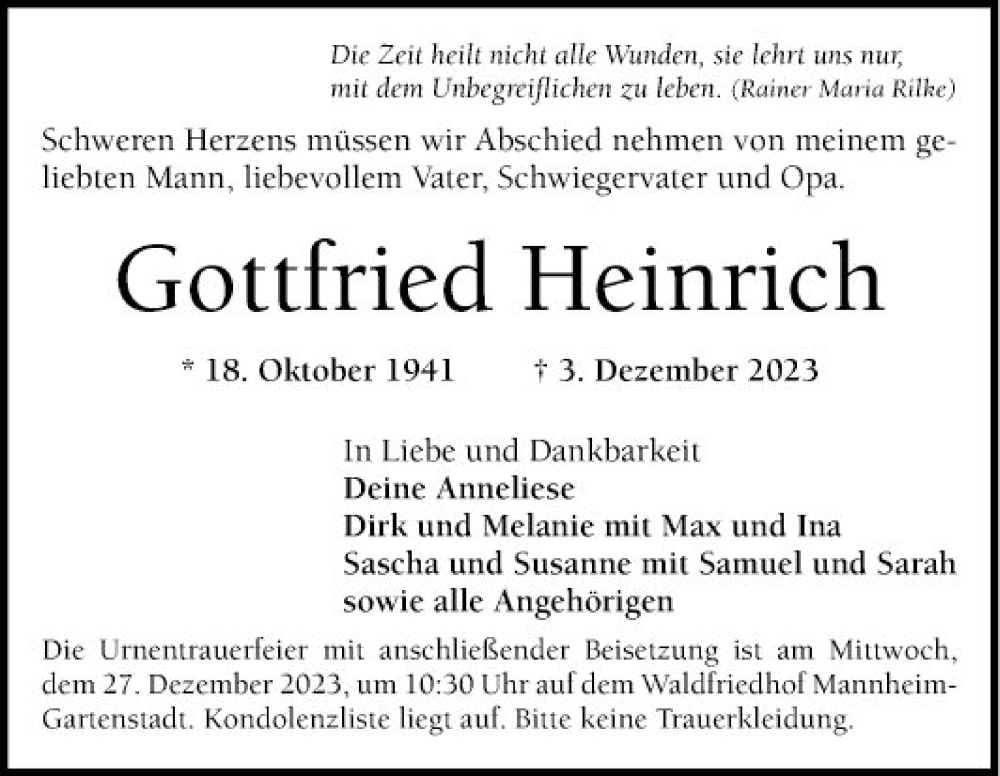  Traueranzeige für Gottfried Heinrich vom 16.12.2023 aus Mannheimer Morgen