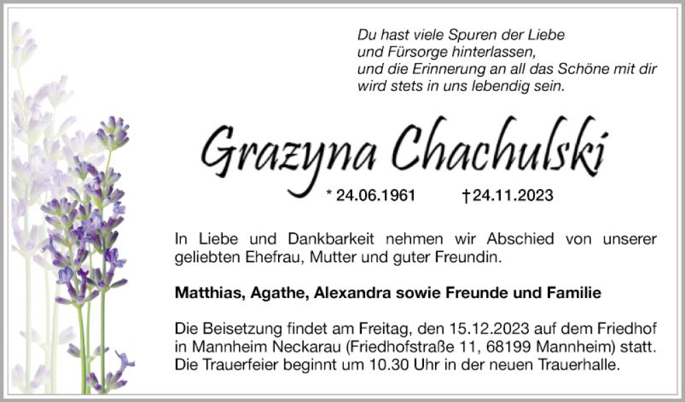  Traueranzeige für Grazyna Chachulski vom 09.12.2023 aus Mannheimer Morgen