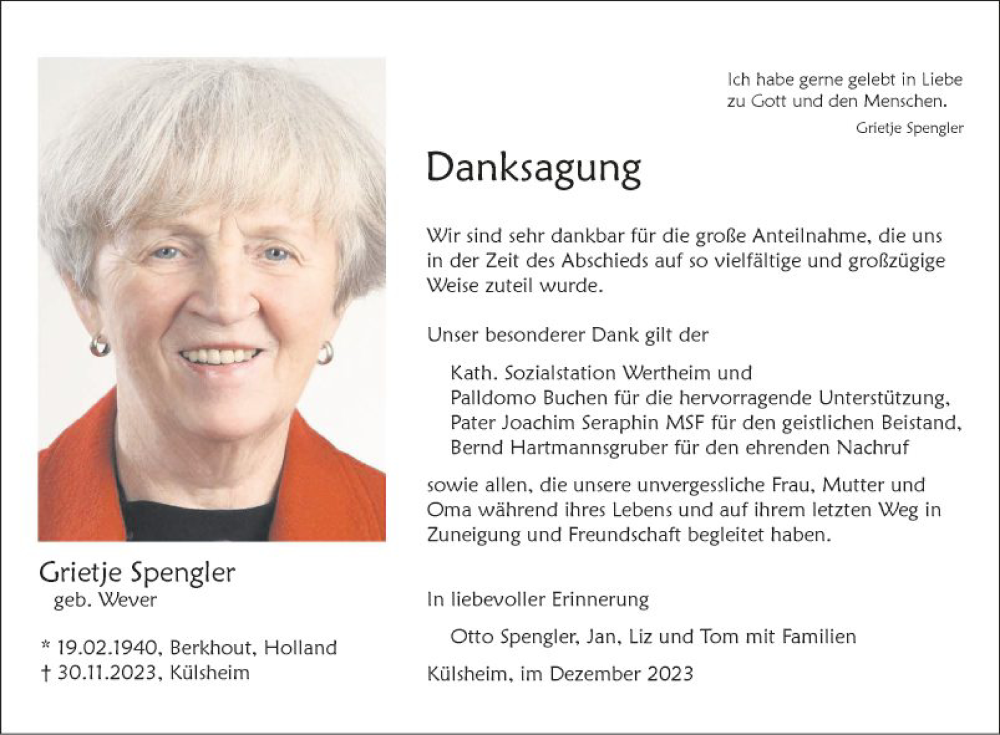  Traueranzeige für Grietje Spengler vom 30.12.2023 aus Fränkische Nachrichten