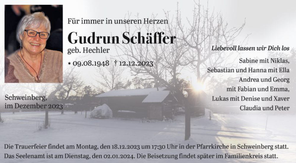  Traueranzeige für Gudrun Schäffer vom 16.12.2023 aus Fränkische Nachrichten