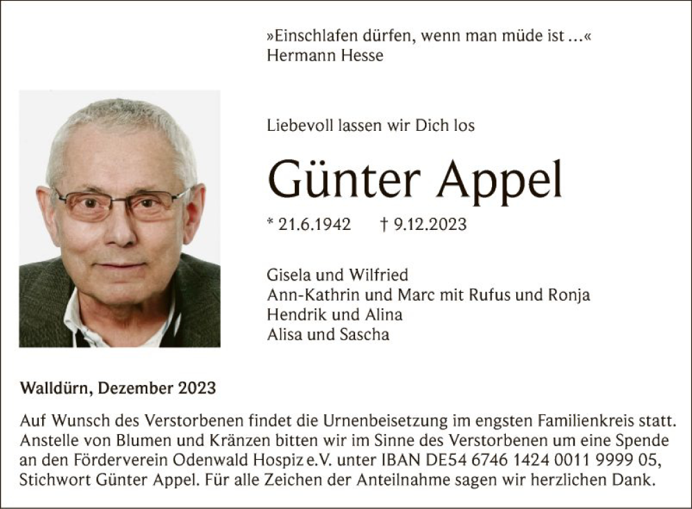  Traueranzeige für Günter Appel vom 12.12.2023 aus Fränkische Nachrichten