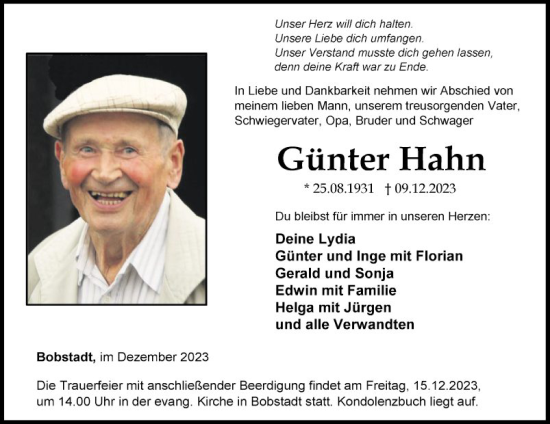 Traueranzeige von Günter Hahn von Fränkische Nachrichten