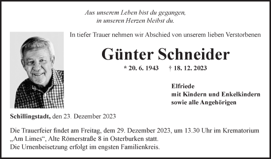Traueranzeige von Günter Schneider von Fränkische Nachrichten