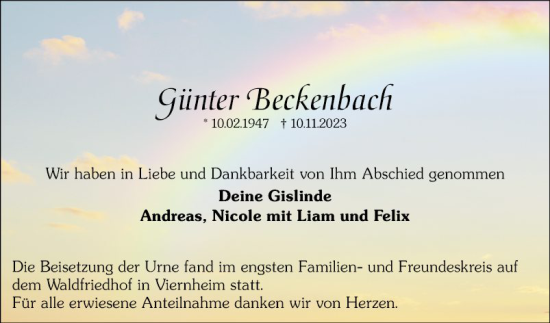 Traueranzeige von Günter Teckenbach von Mannheimer Morgen