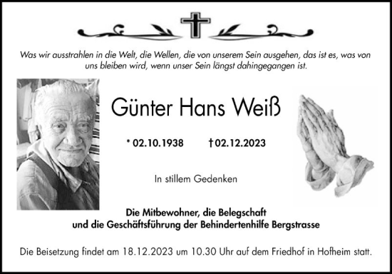 Traueranzeige von Günter Hans Weiß von Bergsträßer Anzeiger