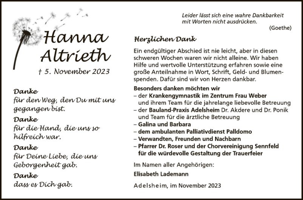  Traueranzeige für Hanna Altrieth vom 02.12.2023 aus Fränkische Nachrichten