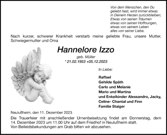 Traueranzeige von Hannelore Izzo von Schwetzinger Zeitung