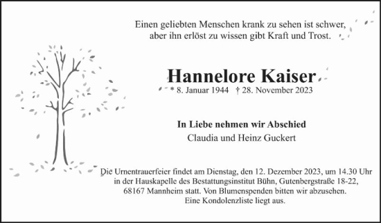 Traueranzeige von Hannelore Kaisers von Mannheimer Morgen
