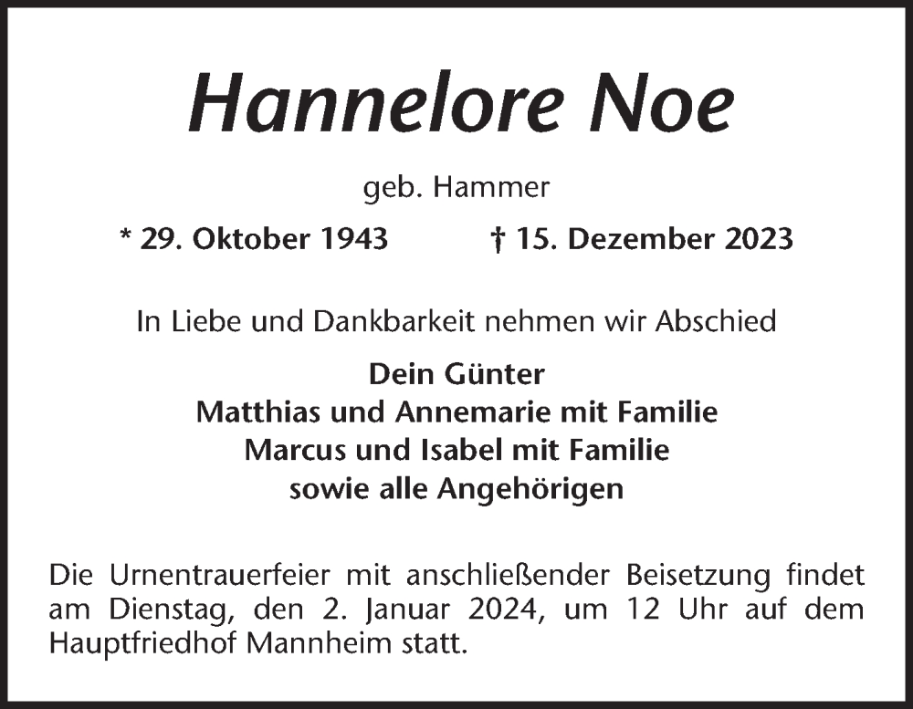  Traueranzeige für Hannelore Noe vom 23.12.2023 aus Mannheimer Morgen