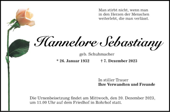 Traueranzeige von Hannelore Sebastiany von Mannheimer Morgen