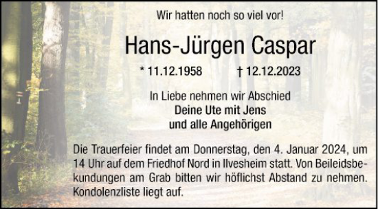 Traueranzeige von Hans-Jürgen Caspar von Mannheimer Morgen