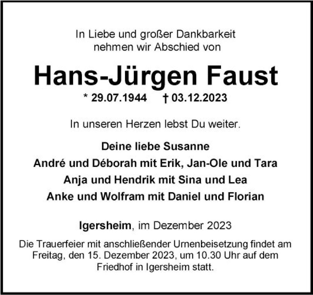  Traueranzeige für Hans-Jürgen Faust vom 12.12.2023 aus Fränkische Nachrichten