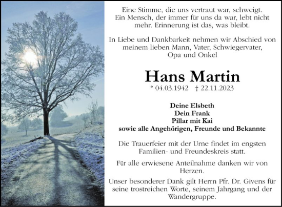 Traueranzeige von Hans Martin von Mannheimer Morgen