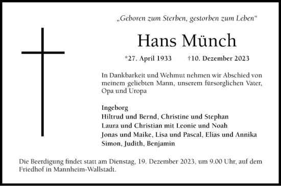 Traueranzeige von Hans Münch von Mannheimer Morgen
