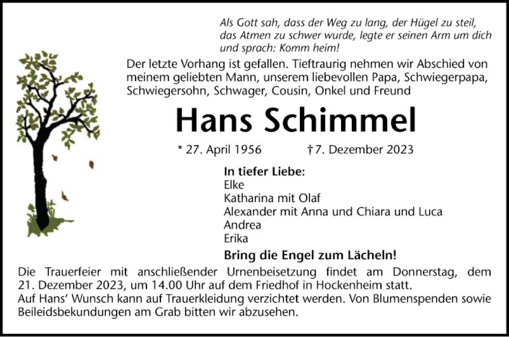  Traueranzeige für Hans Schimmel vom 15.12.2023 aus Schwetzinger Zeitung