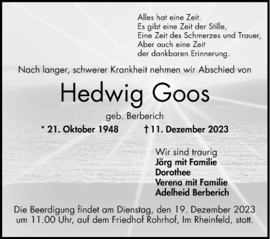 Traueranzeige von Hedwig Goos von Schwetzinger Zeitung