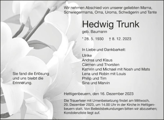 Traueranzeige von Hedwig Trunk von Fränkische Nachrichten