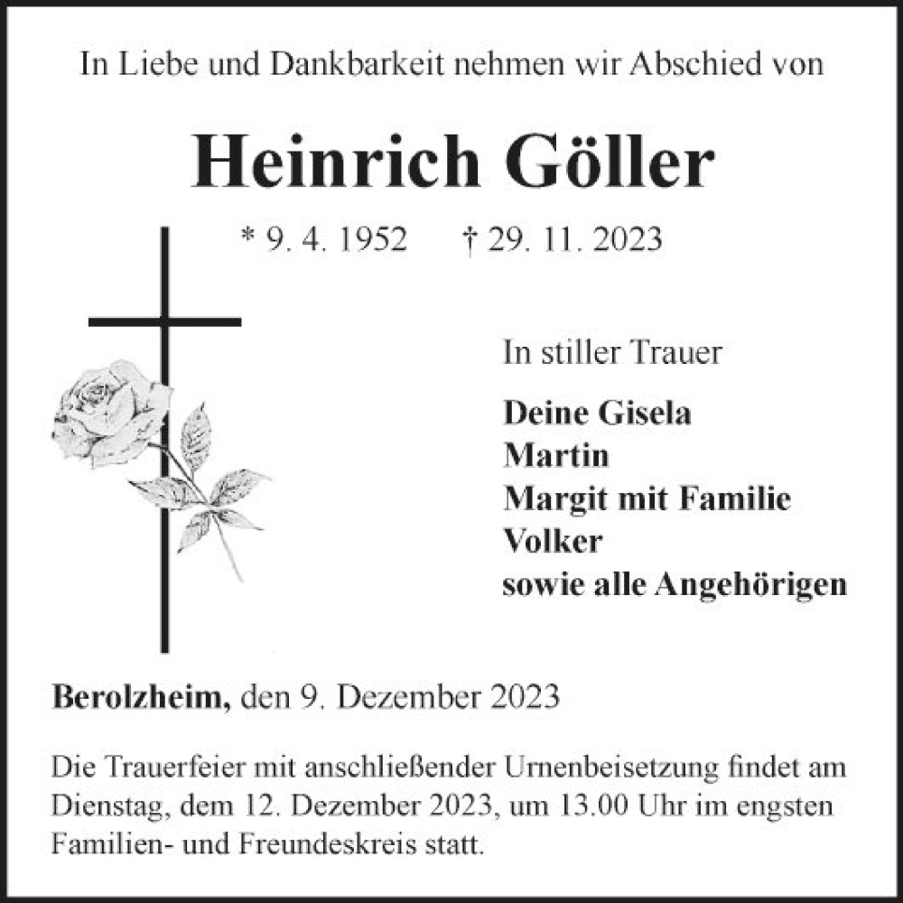  Traueranzeige für Heinrich Göller vom 09.12.2023 aus Fränkische Nachrichten