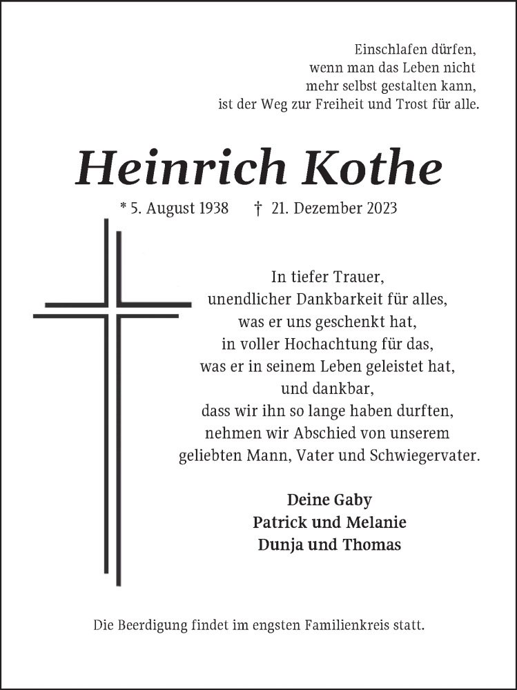  Traueranzeige für Heinrich Kothe vom 23.12.2023 aus Schwetzinger Zeitung
