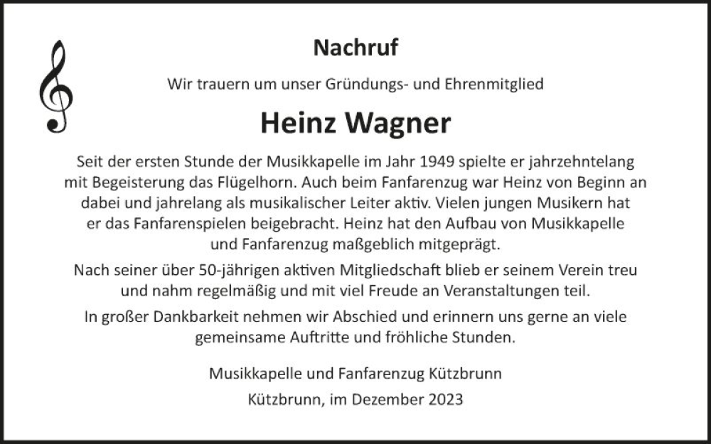  Traueranzeige für Heinz Wagner vom 30.12.2023 aus Fränkische Nachrichten