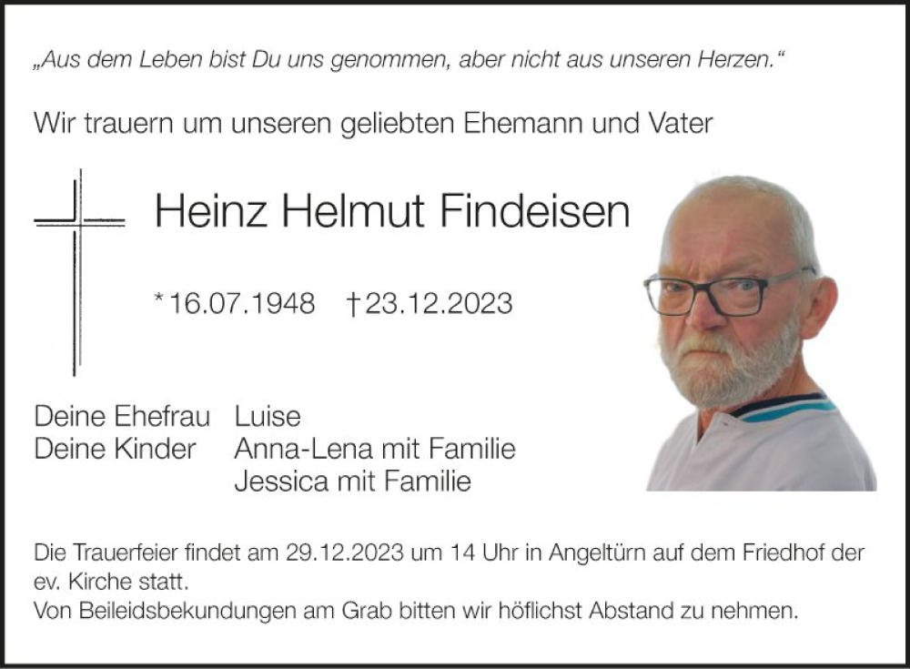  Traueranzeige für Heinz Helmut Findeisen vom 28.12.2023 aus Fränkische Nachrichten